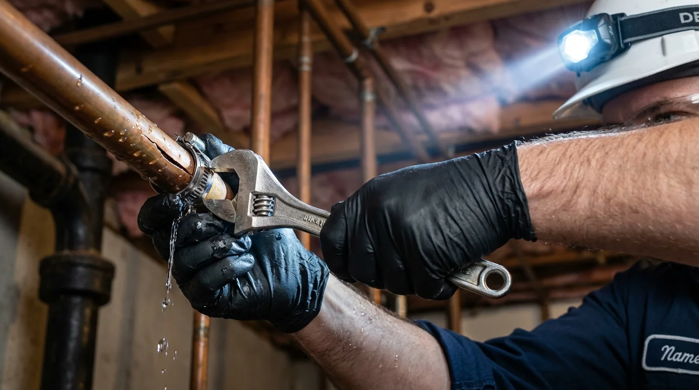 Emergency pipe clamp repair being performed by a Johns Plumbing LLC plumber in Pembroke
