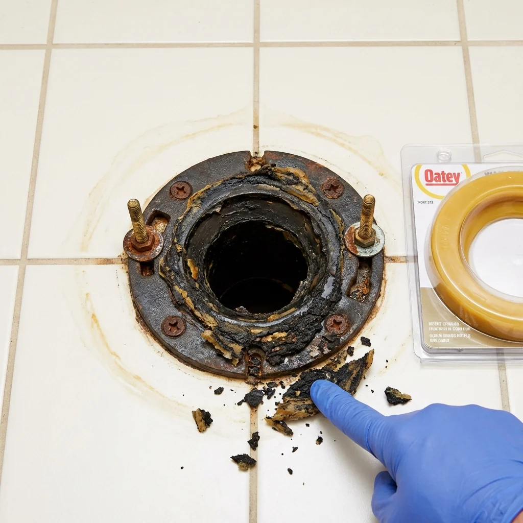 Failed wax ring showing water seepage at the base of a toilet in a Pembroke, VA home