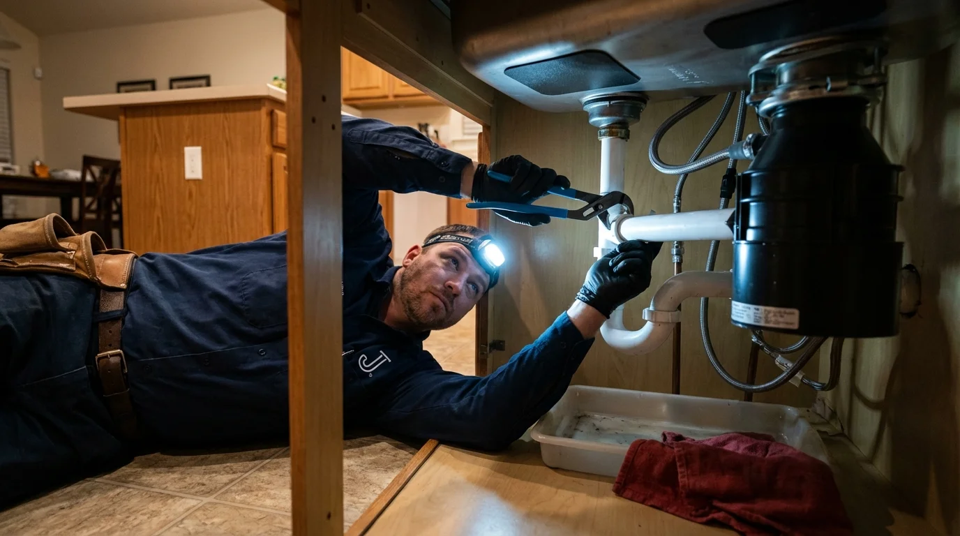 P-trap and supply line connections under a kitchen sink showing a common leak point in Pembroke, VA